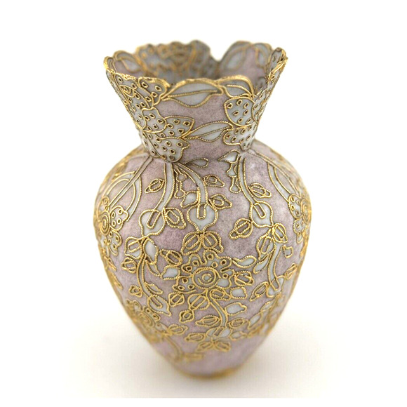 LOVELY - VTG Cloisonne Enamel Pink & Gold Flowers Vase 5 1/4in tall Twisted Wire - Picture 1 of 10